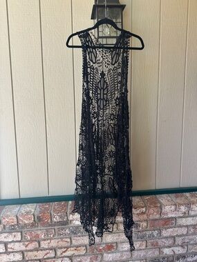 Double Zero Black Crochet Lace Open-Front Vest